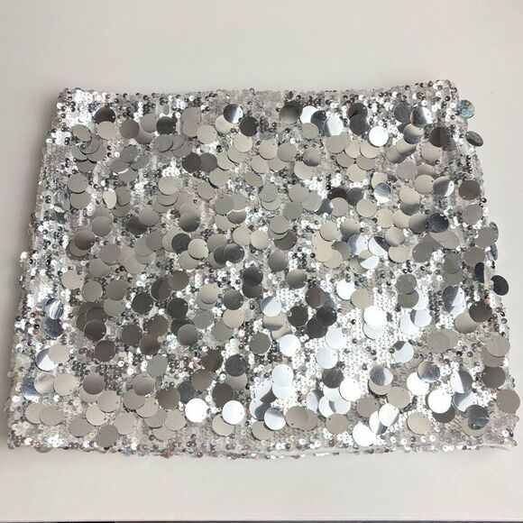 Edikted Sabina Low Rise Sequin Mini Skirt in Silver sz Disco Skirt Mirror Ball - Picture 2 of 8